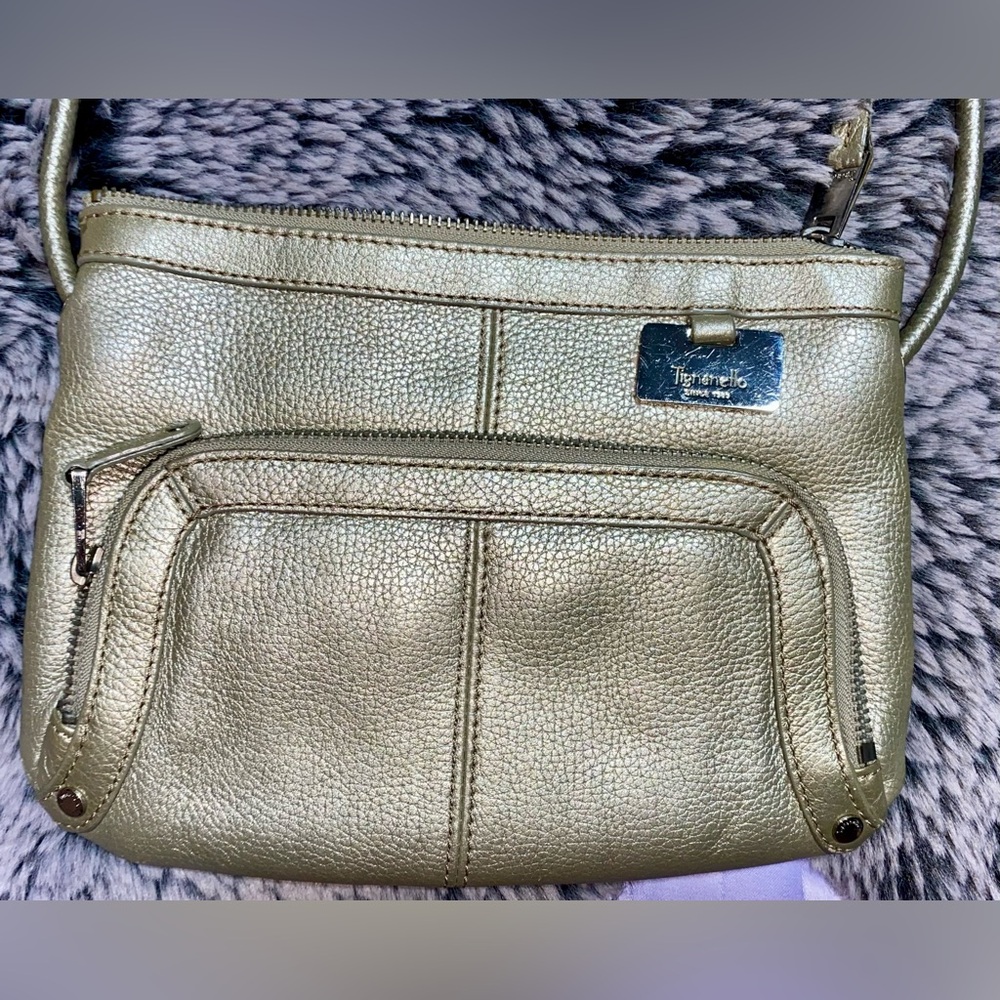 Tignanello Leather Crossbody Bag Organizer Pebble Gold Leather